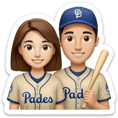 *White* Smiling couple. Woman has big cheeks and a lot of freckles on the nose. long brown hair. Man has black and very short hair and prominent eyebrows with egipcian nose. Both are wearing “Los Padres” baseball jerseys and with a sign that says “Go Padres!” sticker