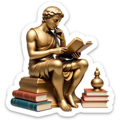 An icon featuring a thinker statue, a scroll, symbolizing philosophy. The design includes books and abstract symbols representing deep thought and wisdom. Transparent background highlights the study of ideas, logic, and existential questions sticker