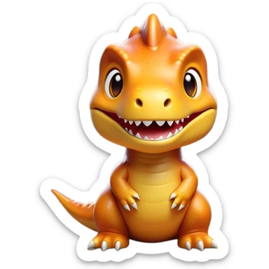Cinematic Cute T-rex Portrait Emoji, Head tilted playfully with a big, endearing smile, featuring a compact, fierce yet friendly form with a massive head, tiny arms, and sparkling, mischievous eyes, Simplified yet irresistibly adorable features, highly detailed, glowing with a warm, inviting prehistoric glow, high shine, affectionate and lively, stylized with a touch of whimsical dinosaur charm, soft glowing outline, capturing the essence of a mischievous yet lovable T-rex that seems as if it could stomp out of the screen into your heart! sticker