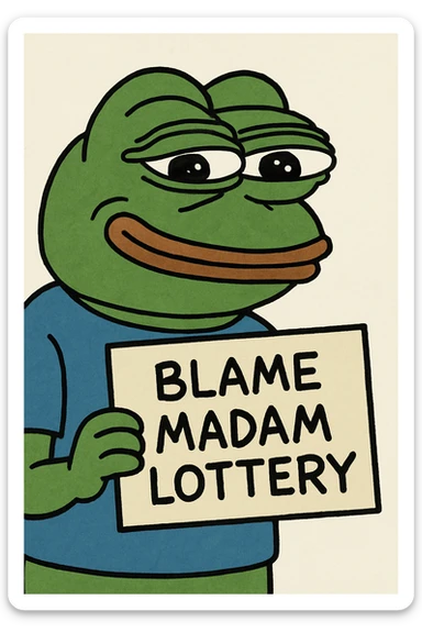 Pepe the Frog with a 'Blame Madam Lottery' sign, looking mischievous sticker