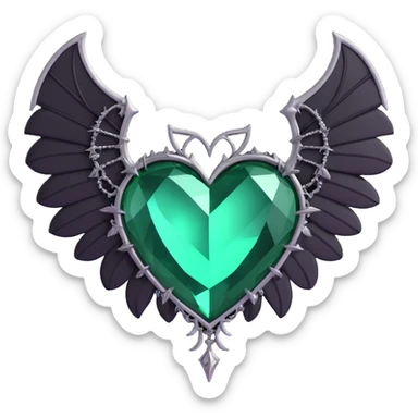 3D emoji gothic heart, emerald green crystal, silver bat wings, feather accents, lush and gothic style sticker