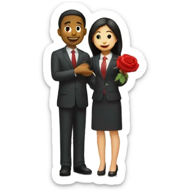 A girl wearing a suit holding a rose and purposing a tall dushy guy infront of a temple  sticker