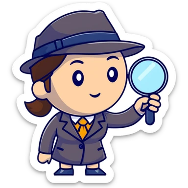 businesswoman with a detective hat and magnifying glass, looking closely at something sticker
