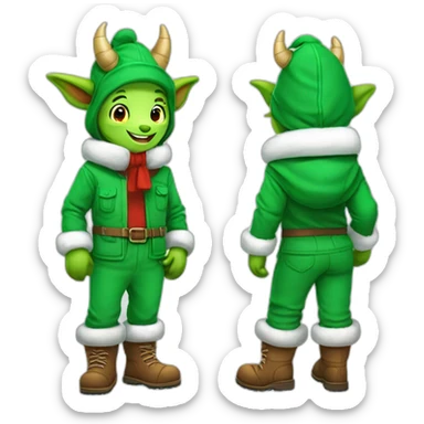 happy little green cartoon dragons of child in winter, in work pants, in work clothes, in winter boots, in a Santa Claus hat, New Year sticker