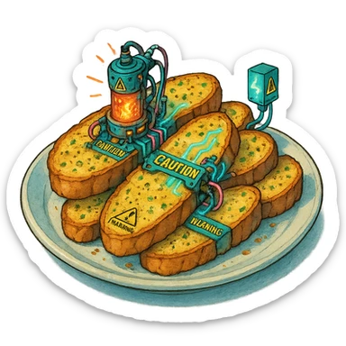 a plate of thermonuclear futuristic cyberpunk garlic bread, flawless, perfect, masterwork. highly dangerous sticker