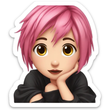 Full body Front view curvy emo girl pink hair sits on the floor straight view hands up black skirt полосатые рваные чулки sticker