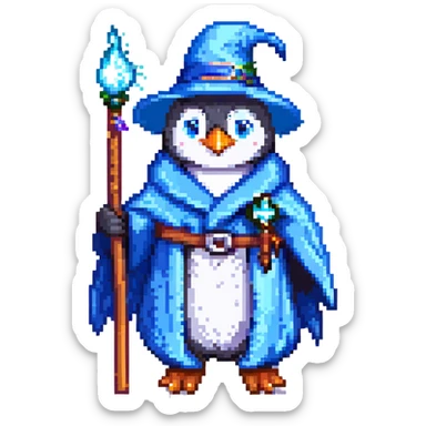 penguin wizard wearing a blue robe and holding a wand, pixel art style sticker
