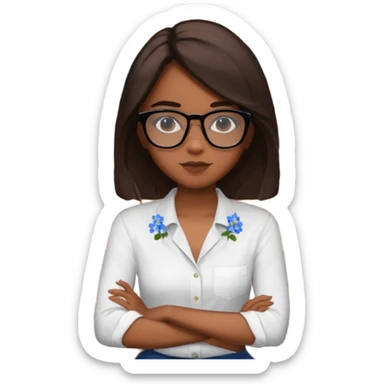 Créame una chica morena de pelo más o menos por los hombros con granitos en la cara y unas gafas negras, que esté sentado en una silla de bar con una camisa blanca con florecitas azules sticker