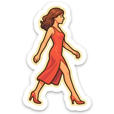 A girl walking from left to right, side view, wearing a red dress with a slit and high heels, retro-stickers style, thin clean contours, soft rounded shapes, detailed drawing with shadows and highlights, pastel palette #98B5BC, #B5B3C1, #C9A3C9, #E4C0CA, #F7DCD1, #F7C0AA, modern Japanese pop art, soft lighting, transparent background, no extra decoration, focus on movement and elegance. sticker