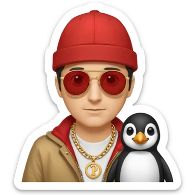 Mike D from Beastie Boys with dark sun glasses and large penguin medallion on gold chain and Red Hat with Mike D printed on hat sticker