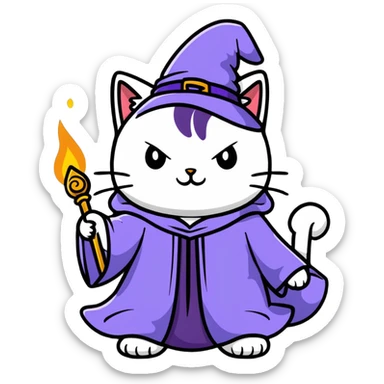 A cat wizard casting a spell with magical staff and flowing robes sticker