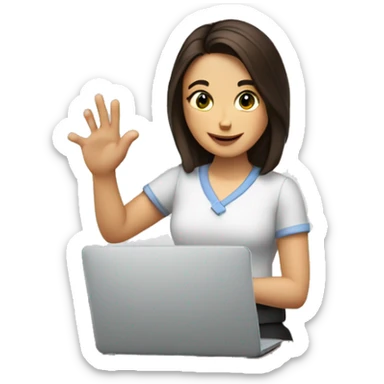 The girl is a brunette, in the hands of documents, she is at work at a laptop, makes a gesture with her hand ok sticker