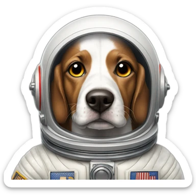 Speckled dog with white spots and a patch around the right eye, wearing an astronaut suit. sticker