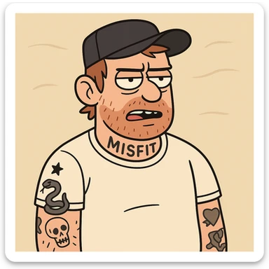 tattooed man with a hat, cartoon style sticker