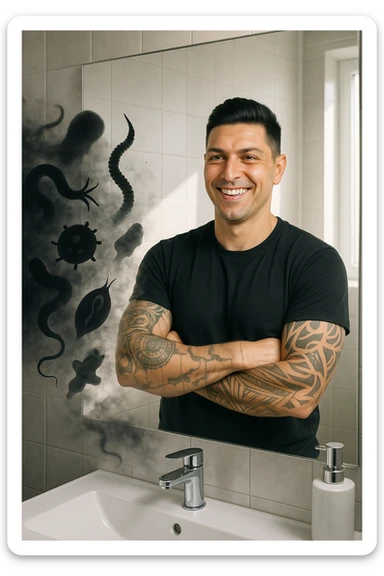 a man stands in a brightly lit bathroom, looking relieved and revitalized as he examines his reflection in the mirror. In the foreground, stylized, shadowy images of parasites (such as worms or protozoa) are shown leaving his body, dissolving into mist or fading away. His posture is upright and his expression is one of newfound energy and health. sticker