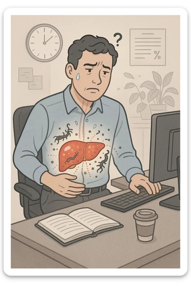 Man sitting at office desk experiencing subtle symptoms of liver dysfunction, upper abdominal pain, nausea, and unexplained fatigue Parasites: Types, Symptoms, Treatment & Prevention, expression of confusion about vague health issues, liver shown in transparent overlay with early inflammation, toxins beginning to accumulate in bloodstream, productivity declining as liver struggles to filter properly sticker