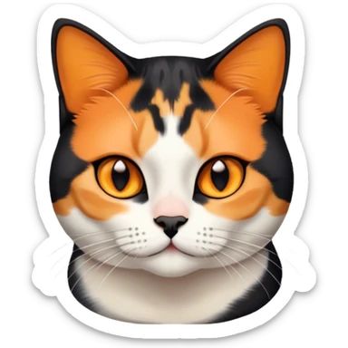 American shorthair calico cat with black fur on the right side of their face and orange on the left side sitting down sticker
