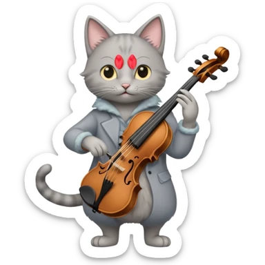 thin grey cat play violin, long full body, no tail sticker