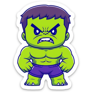 Chibi Hulk, cute small proportions, big head, tiny body, adorable angry expression, green skin, purple shorts sticker