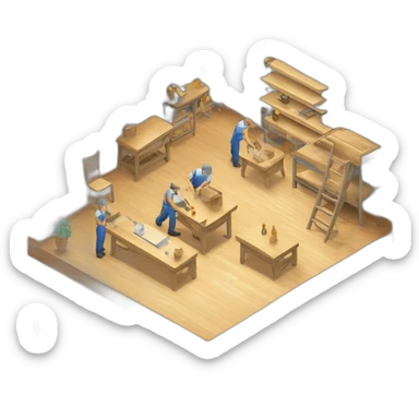 isometric square transparent solid outline border containing indoor woodshop people actively working grey floor sticker