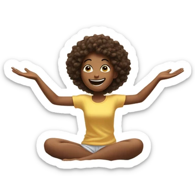 Happy girl wakes up in bed and stretches hands up in the air  sticker