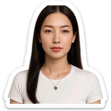 a calm and composed woman with long straight dark brown or black hair parted in the middle, smooth light glowing complexion, almond-shaped eyes with soft natural makeup, full pinkish coral lips, wearing a white fitted tee and a gold four-leaf clover necklace, calm and neutral expression, soft neutral gaze at the camera sticker