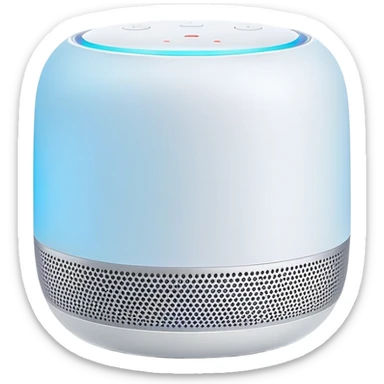 Modern Apple-style smart speaker, elegant and minimalist design with soft glow on top sticker
