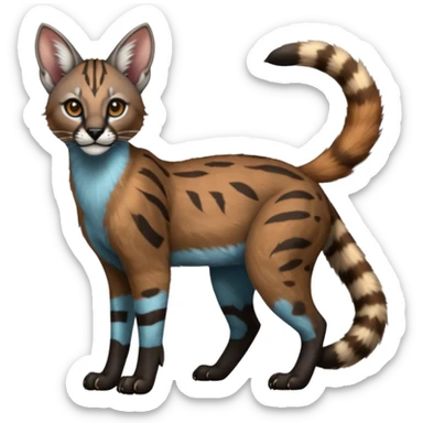 Realistic patterned marked edgy bluish greyish blackish whitish silvery coppery Shiny Colorful Glossy Genet-Caracal-Lion-Bobcat-fusion-animal-hybrid-creature, full body, tufted ears, long thin tufted tail sticker