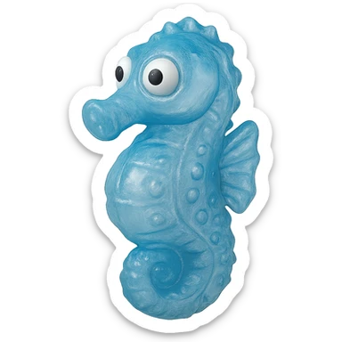 hyper-detailed retro 90's toy style see-through semi-transparent blue plastic seahorse with derpy eyes soft plastic soft reflections soft and squishy some cloudiness not shiny highly detailed appealing no tag no background sticker