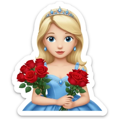 Blonde haired, blue eyes princess holding a bouquet of roses wearing a princess gown sticker