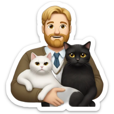 Family photo a fat husband with a beard is holding a white cat and wife with straight hair is holding another black cat sticker