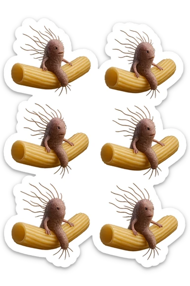 SEI BATTERI intestinALI FLUTTUANO IN ARIA CON PENNE DI PASTA RIGATE, IPERREALISTICO 4K sticker
