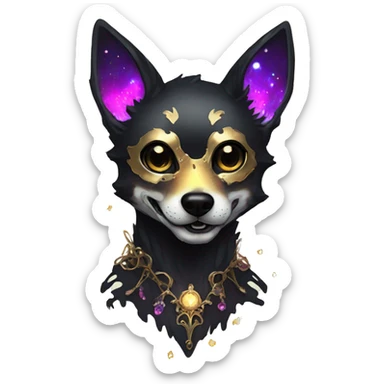Black iridescent dog fox zombie skeleton gold mechanical nebula galaxy stars flowers fairy lights vintage sticker