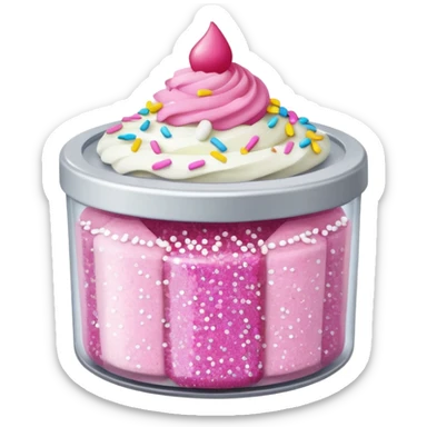 silver glitter in a small clear circular container with white lid, can of sprinkles, and pink cupcakes  sticker