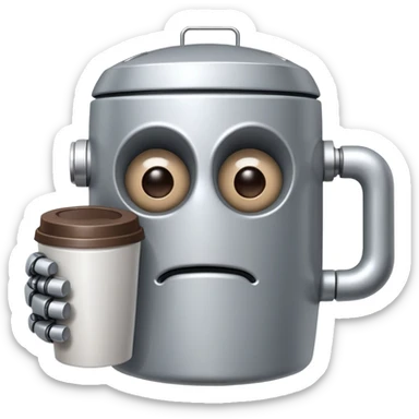 A sleepy robot with droopy eyes holding a coffee mug, looking exhausted sticker