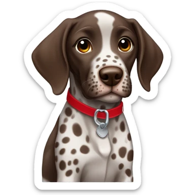 Brown spotted German short haired pointer puppy with ticking with red collar  sticker
