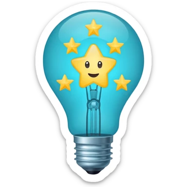 Light bulb icon with three small stars inside the bulb, flat emoji style, outline with blue and turquoise colors, white background sticker