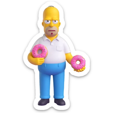 Homer Simpson 3D style, yellow skin, bald head with two hairs, white shirt, blue pants, holding a pink donut sticker