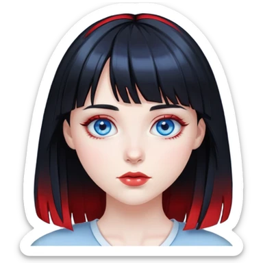 Pale girl with blue eyes, black hair with red highlights and bangs sticker