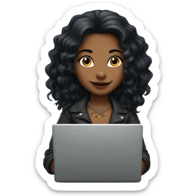 beautiful girl with tattoos, with long black hair, wavy hair, with big laptop sticker