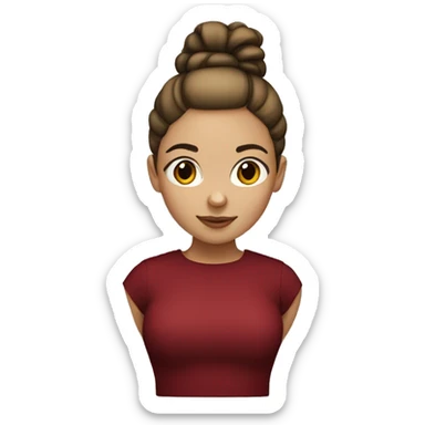 Light skinned girl with a dark red top and a bun sticker