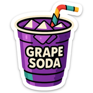 Place the cup of grape soda with a purple hue, ice cubes, and a fun straw on a solid black background, keep the TikTok-inspired vibrant cartoon style. sticker