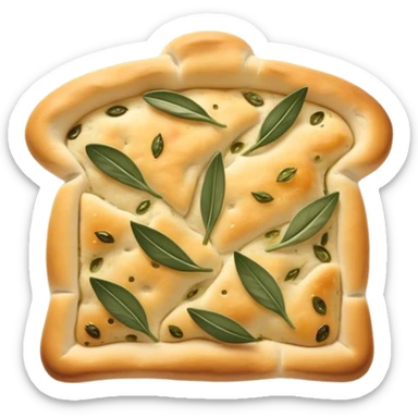 Focaccia Cinematic Realistic Focaccia Bread Dish Emoji, depicted as a golden, olive-oil brushed flatbread sprinkled with herbs, rendered with lifelike textures and warm, inviting lighting. sticker