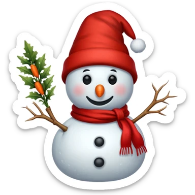 a snowman in a red scarf with the "S" logo and a red New Year's hat sticker