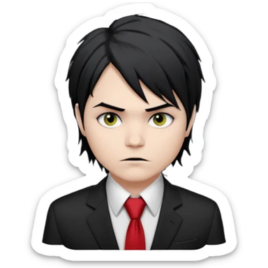 Gerard Way (Revenge Era)
Round, simplified emoji style
Pale skin tone
Jet-black, shoulder-length hair messy and emo
Heavy eyeliner and slight red shadow under the eyes
Subtle serious
Hint of red tie visible on black button up shirt.
Transparent background. Black eyeliner. Messy emo hair sticker