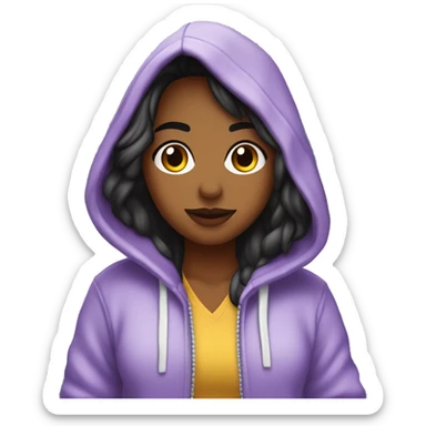 chica de iel blanca, ojoscafes, cabello negro lago con un hoodie color lila qeu se vea cerca sticker