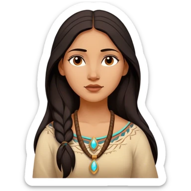 Cinematic Serene Pocahontas Portrait Emoji, rendered in a realistic, simplified vector style. Depict a gentle Pocahontas (chest and above) with warm, glowing skin, loosely flowing dark hair, and a calm, reflective expression, wearing modest traditional attire in earthy hues. The image is bathed in a soft, inviting glow with high shine and a soft glowing outline. sticker
