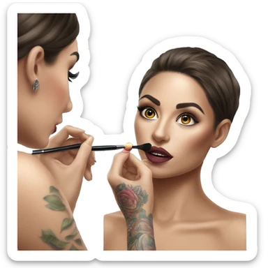 Hyper Realistic Beautiful lightly tattooed woman applying make-up in a mirror  sticker