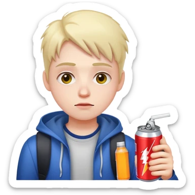 student holding energy drink can, tired face sticker