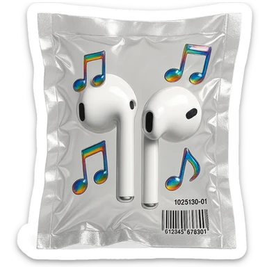 white EarPods headphones with three small rainbow glass music notes arranged around, glossy sticker
